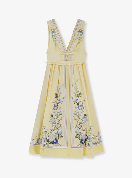 Self Portrait Long Cotton Dress With Floral Print Yellow