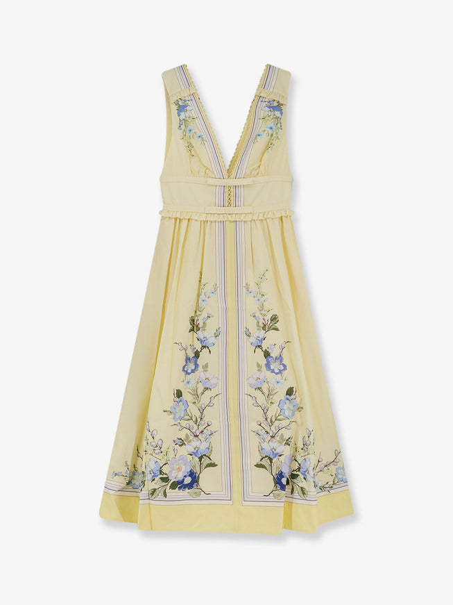 Self Portrait Long Cotton Dress With Floral Print Yellow
