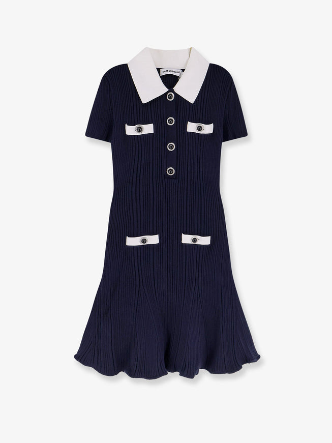 Self-Portrait Navy Ribbed Knit Mini Dress with Contrast Collar Ellie Belle Self-Portrait Navy Ribbed Knit Mini Dress with Contrast Collar Ellie Belle