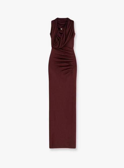 Self Portrait Draped Knitted Long Dress Brown