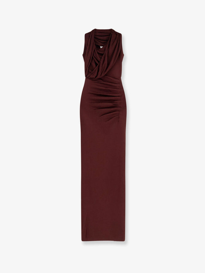 Self Portrait Draped Knitted Long Dress Brown