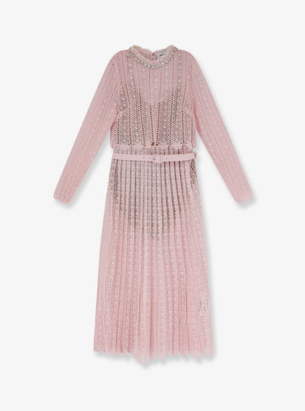 Self Portrait Lace Long Dress With Belt Pink