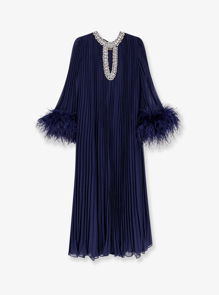 Self Portrait Chiffon Long Dress With Ostrich Feathers Navy