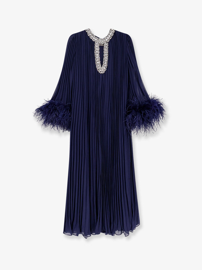 Self Portrait Chiffon Long Dress With Ostrich Feathers Navy