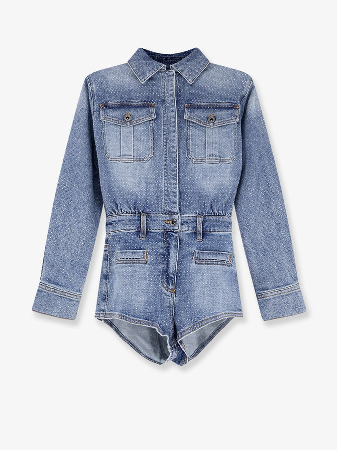 Self Portrait Denim Jumpsuit With Rhinestones Blue