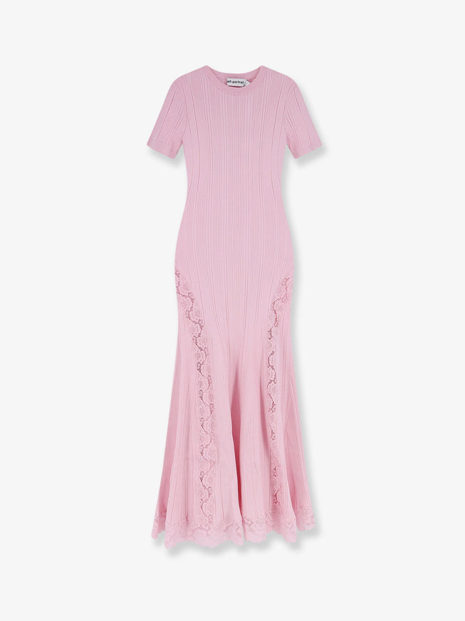 Self-Portrait Knit Lace Insert Midi Dress - Pink Self-Portrait Knit Lace Insert Midi Dress - Pink