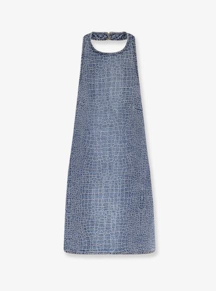 Self Portrait Rhinestone Croc Effect Denim Dress Blue