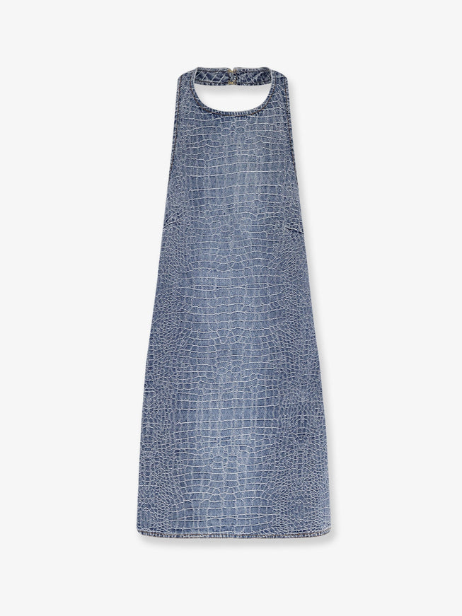 Self Portrait Rhinestone Croc Effect Denim Dress Blue