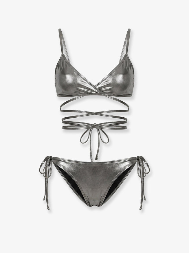 The Attico The Attico Il Primo Bagno Lycra Bikini With A Metallic Effect Darksilver
