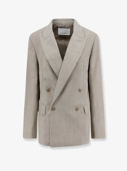 The Frankie Shop Newark Double-Breasted Mélange Virgin Wool Blazer Beigemelange