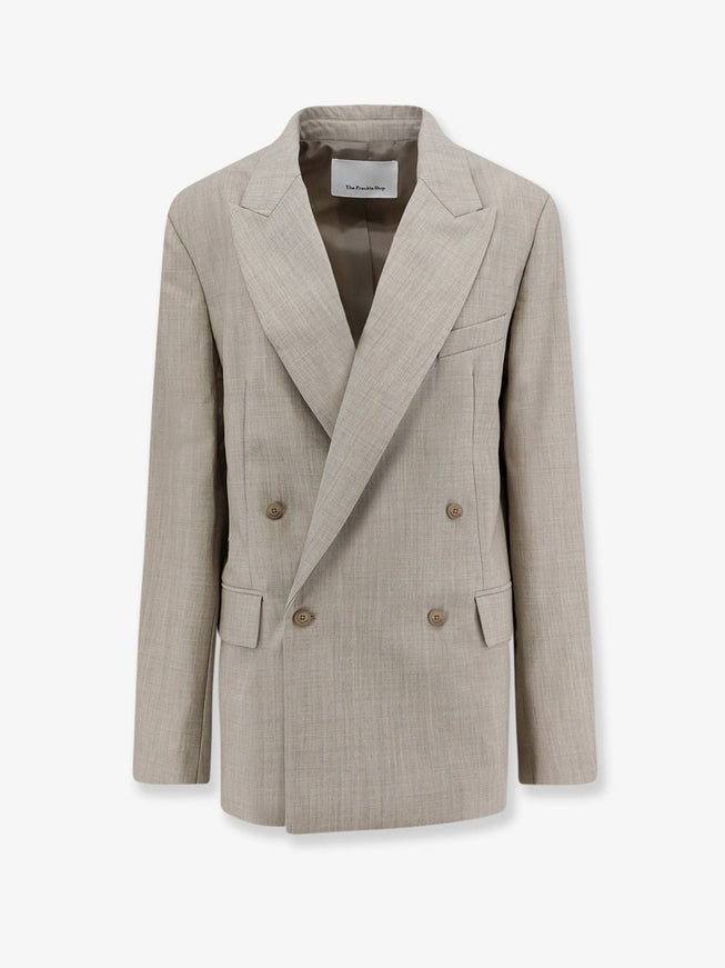 The Frankie Shop Newark Double-Breasted Mélange Virgin Wool Blazer Beigemelange