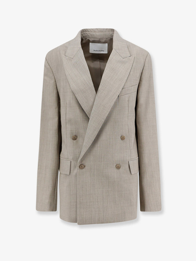 The Frankie Shop Newark Double-Breasted Mélange Virgin Wool Blazer Beigemelange