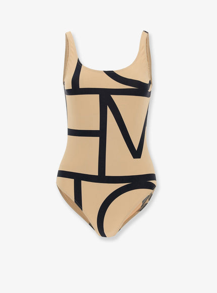 Toteme Monogram Recycled Nylon Blend One-Piece Swimsuit Beige