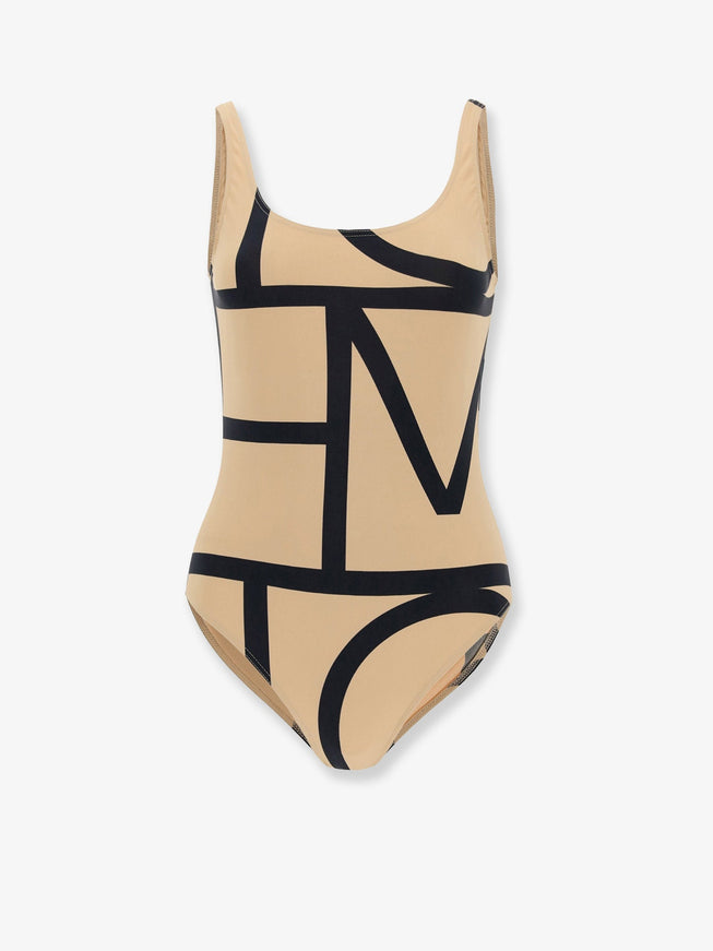 Toteme Monogram Recycled Nylon Blend One-Piece Swimsuit Beige