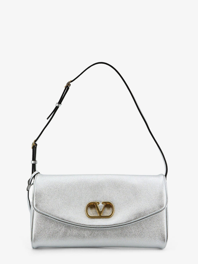 Valentino Garavani Devain Laminated Leather Shoulder Bag Uni Silver