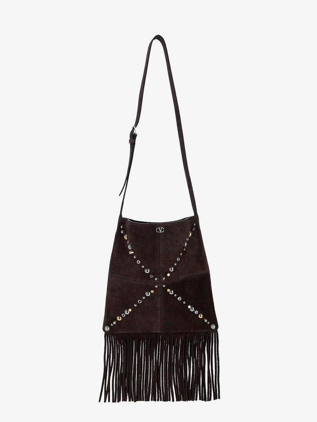 Valentino Garavani Suede Shoulder Bag With Fringes And Metal Details Uni Testa Di Moro