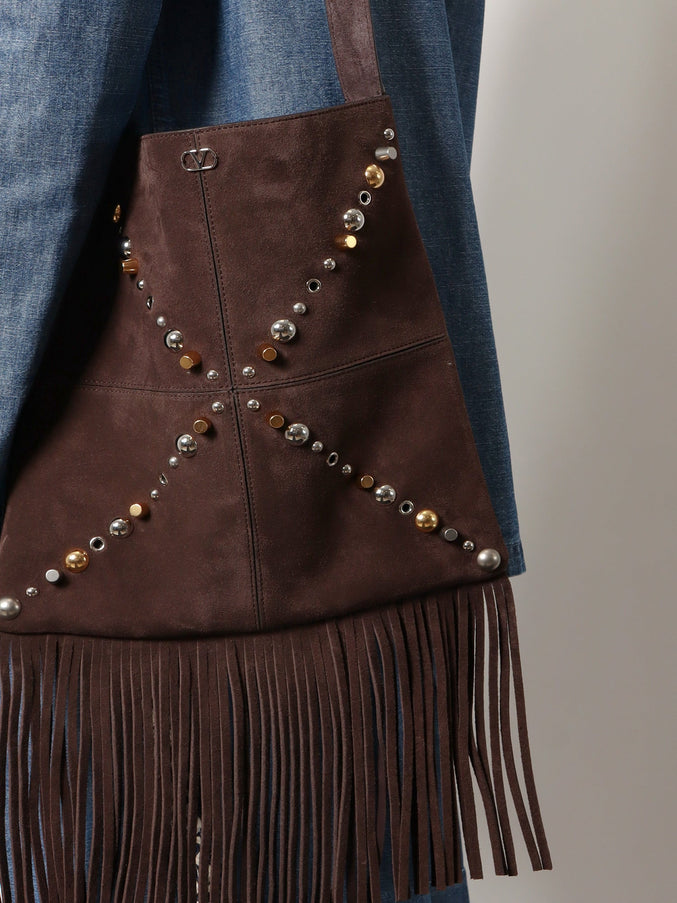 Valentino Garavani Suede Shoulder Bag With Fringes And Metal Details