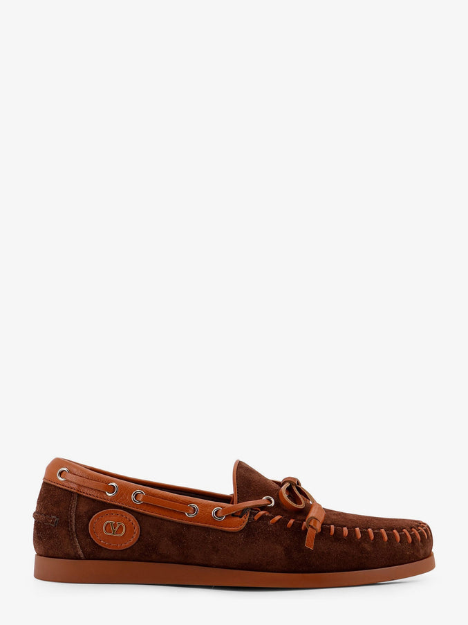 Valentino Garavani Palm Avenue Leather And Suede Boat Shoe Bark Brown Roasted Pecan