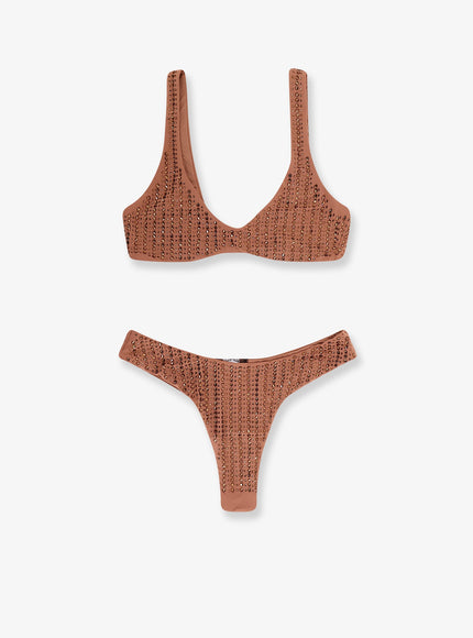 Venuja Nylon Bikini With All-Over Rhinestones Mocha