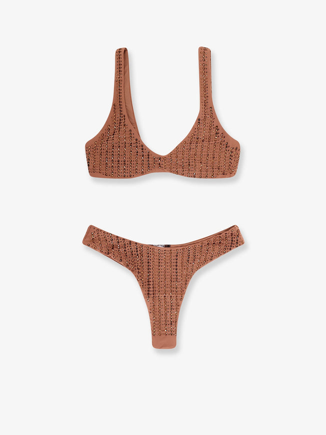 Venuja Nylon Bikini With All-Over Rhinestones Mocha