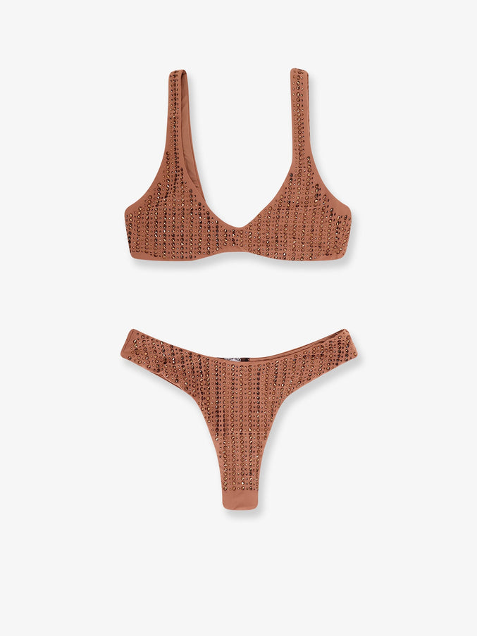Venuja Nylon Bikini With All-Over Rhinestones Mocha