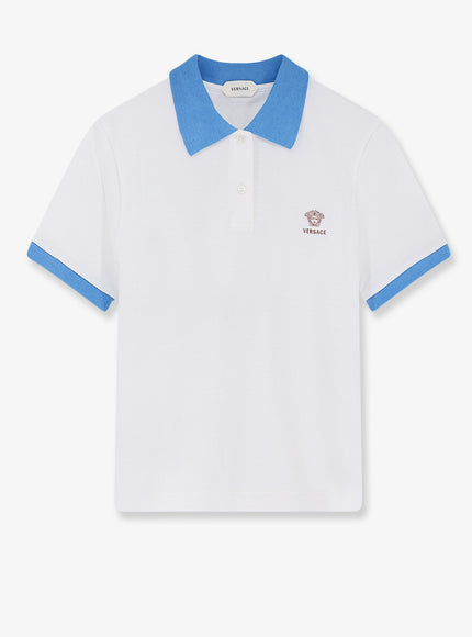 Versace Cotton Polo Shirt With Medusa Embroidery Whiteazureblue