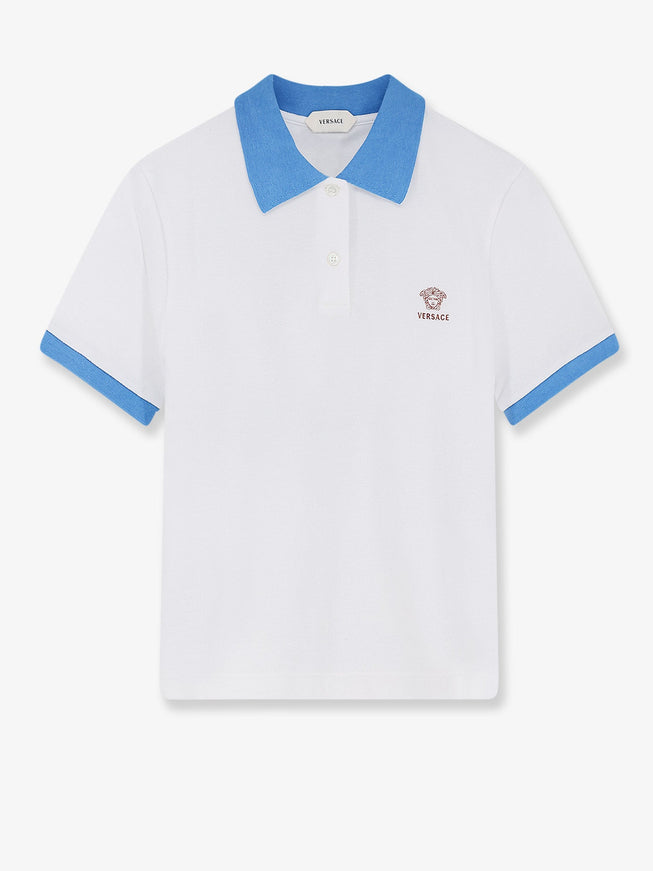Versace Cotton Polo Shirt With Medusa Embroidery Whiteazureblue