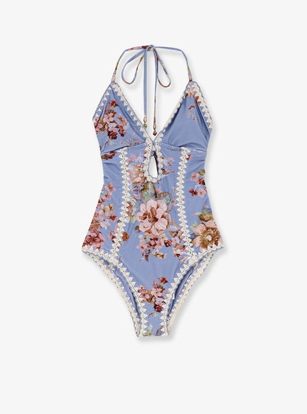 Zimmermann Awaken Crochet One-Piece Swimsuit Chambray Floral