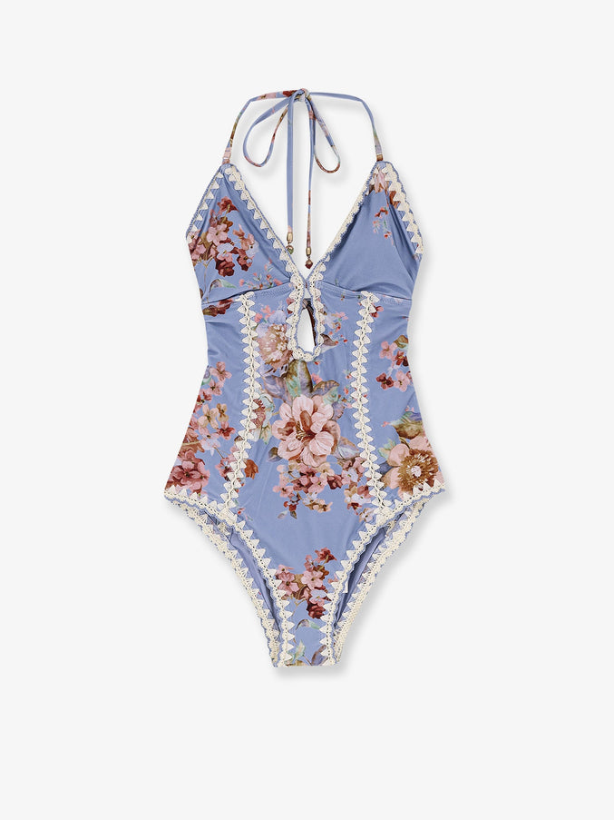 Zimmermann Awaken Crochet One-Piece Swimsuit Chambray Floral