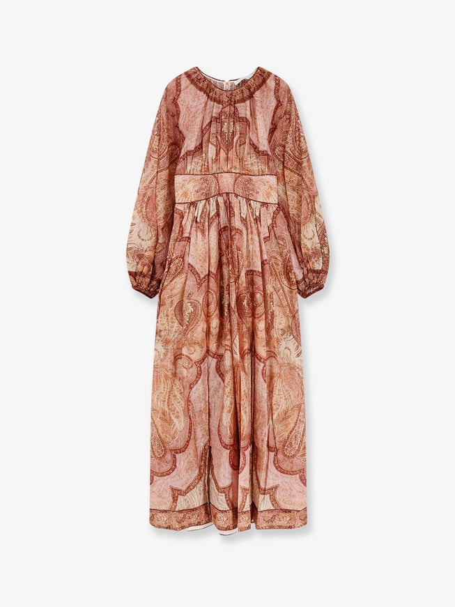 ZIMMERMANN Wanderlust Long Sleeve Midi Dress | Women's Designer Ruched Midi Dress | Tapestry Burgundy Multi