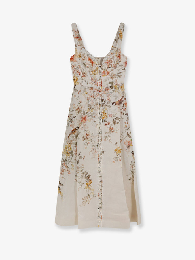 Zimmermann Luna Linen Midi Dress With All-Over Floral Print Cream