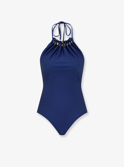 Zimmermann Aster One-Piece Swimsuit In Shiny Nylon With Bead Detail Darkcobalt