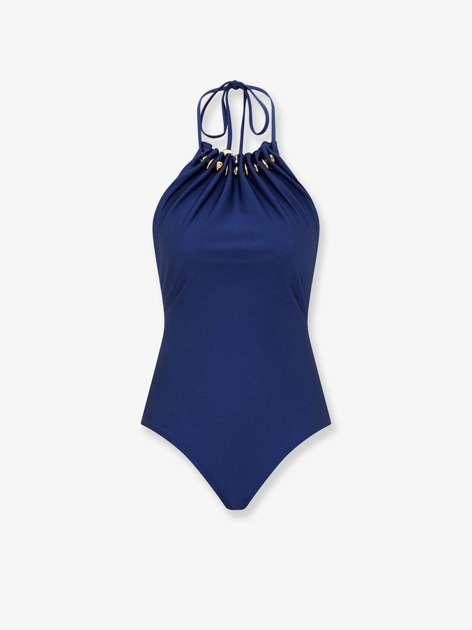 Zimmermann Aster One-Piece Swimsuit In Shiny Nylon With Bead Detail Darkcobalt