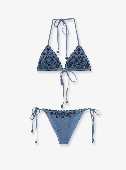 Zimmermann Aster Denim Bikini With All-Over Embroidery Denim