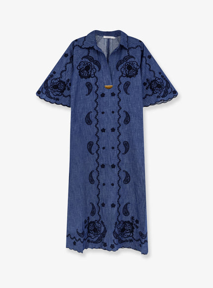 Zimmermann Aster Long Denim Dress With Contrasting Embroidery Railwayblue