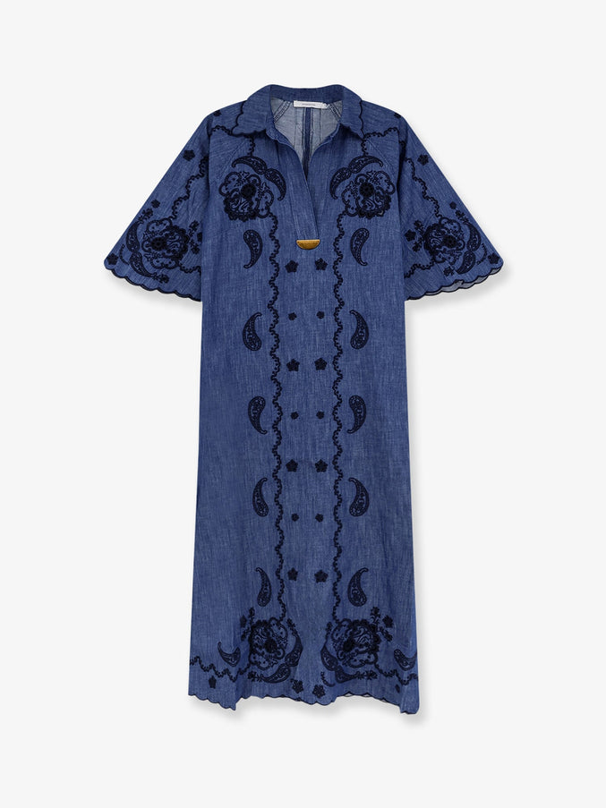 Zimmermann Aster Long Denim Dress With Contrasting Embroidery Railwayblue