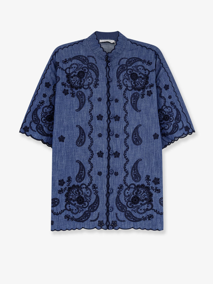 Zimmermann Aster Denim Shirt With All-Over Contrasting Embroidery Railwayblue