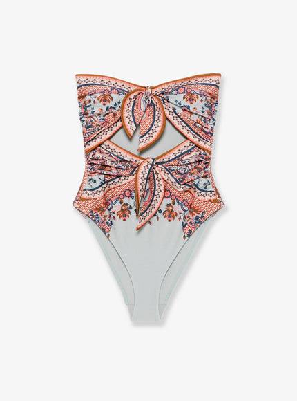 Zimmermann Aster One-Piece Shiny Nylon Swimsuit With Paisley Print Blue Paisley Floral
