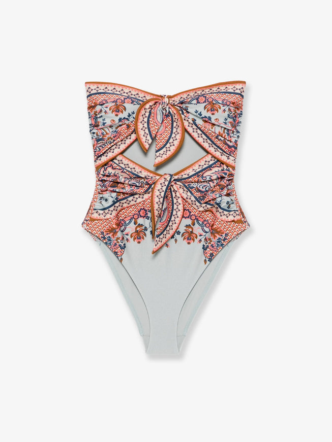 Zimmermann Aster One-Piece Shiny Nylon Swimsuit With Paisley Print Blue Paisley Floral