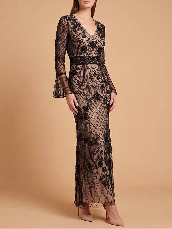 Bell Sleeve Beaded Gown | 28828 Black Nude