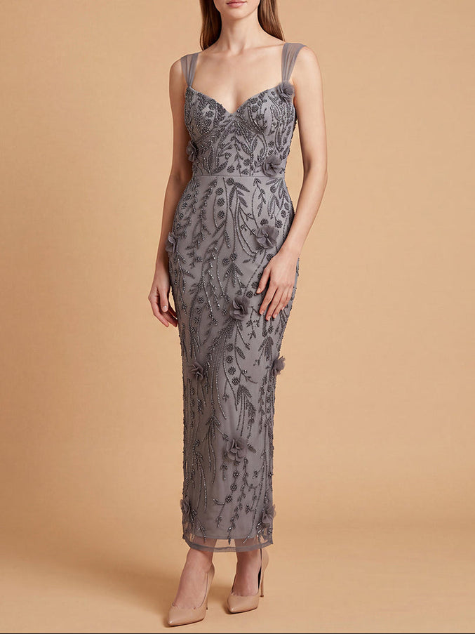 Lara Beaded Midi Dress with 3-D Florals | 28830 Mid Grey