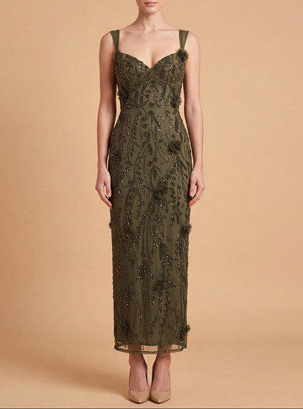 Lara Beaded Midi Dress with 3-D Florals | 28830 Olive