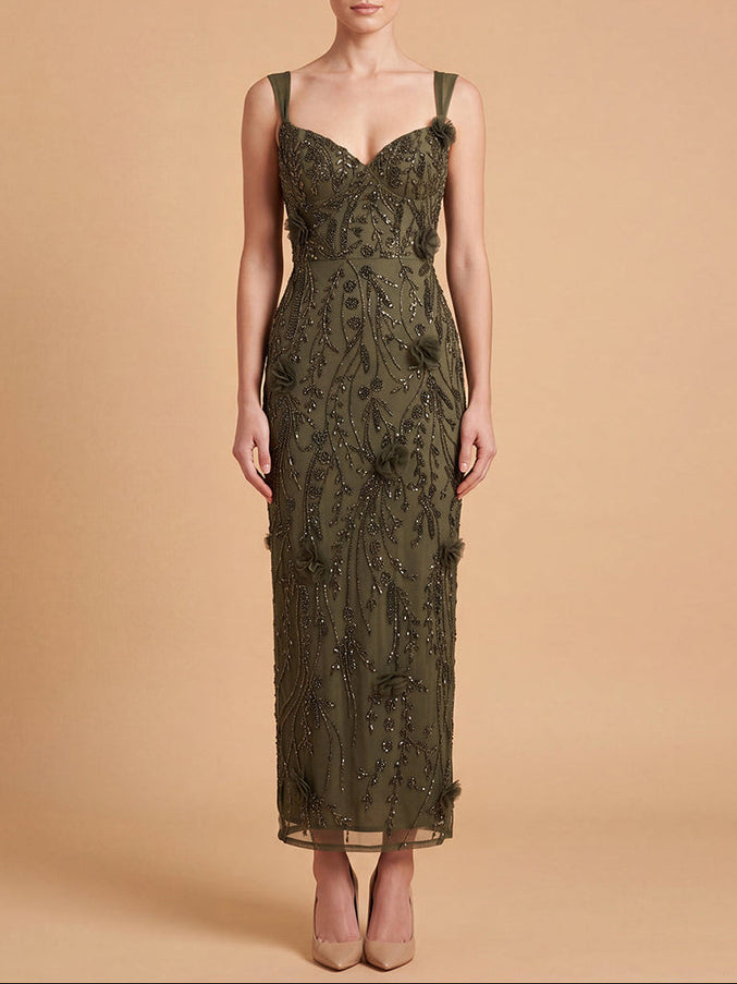 Lara Beaded Midi Dress with 3-D Florals | 28830 Olive