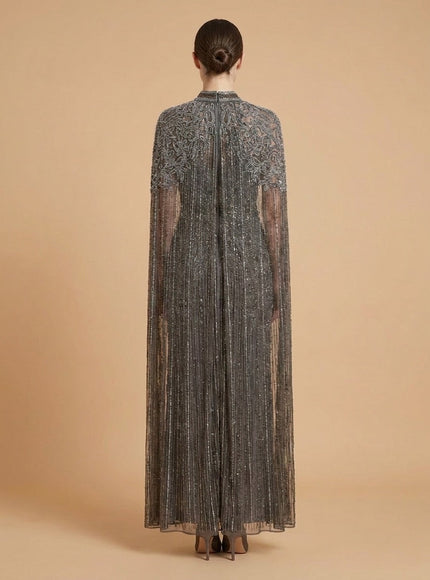 High Neck Beaded Dress with Long Cape | 28834