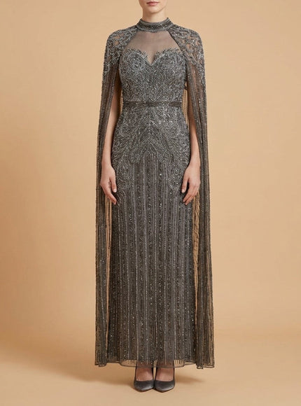 High Neck Beaded Dress with Long Cape | 28834 Dark Grey