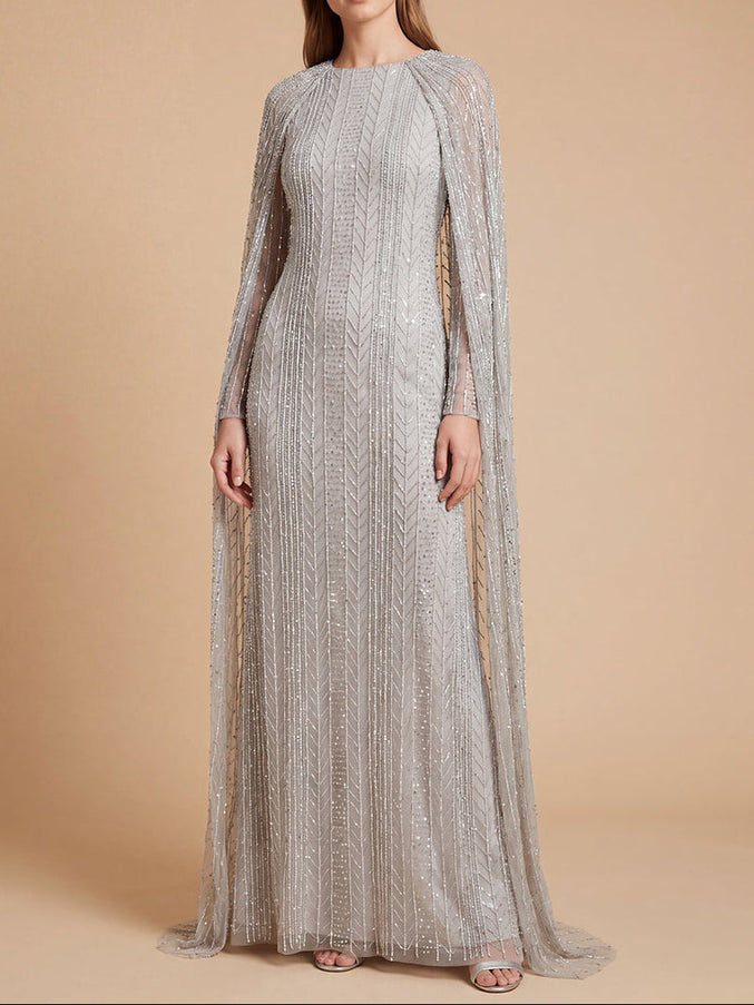 High Neck Linear Beaded Dress with Long Cape | 28837 Silver