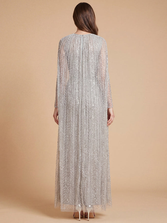 High Neck Linear Beaded Dress with Long Cape | 28837