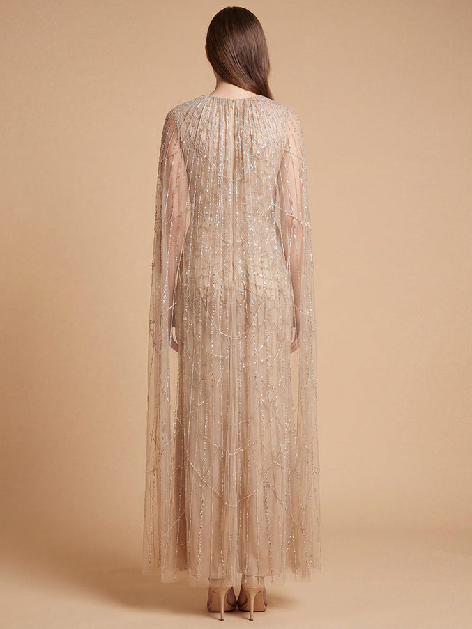 Lara New York High Neck Beaded Gown with Cape Sleeves