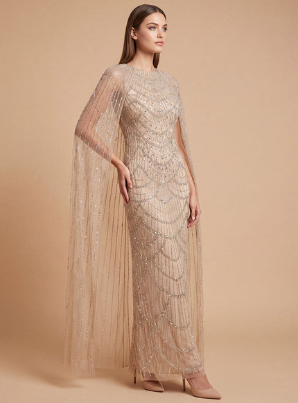 Lara New York High Neck Beaded Gown with Cape Sleeves