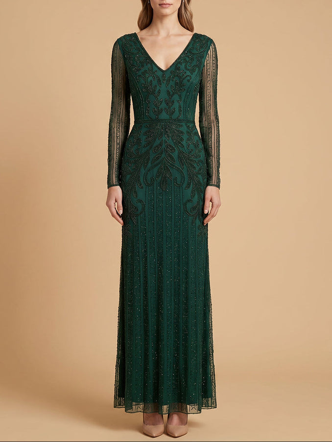 Long Sleeve Beaded Gown | 28841 Green